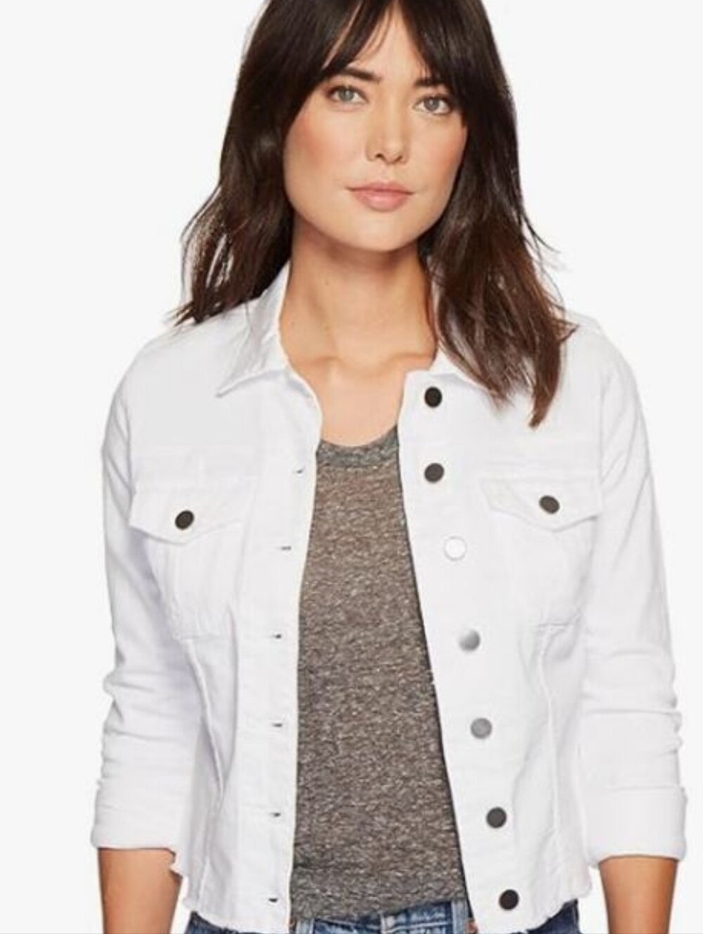 KUT from the Kloth White Stretch Denim Jacket Raw Hem Button Front Size XL